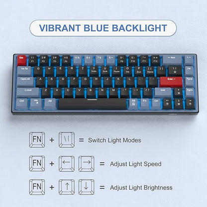 MageGee 60% Mechanical Gaming Keyboard, 68 Keys Compact Blue LED Backlit Gaming Keyboards, SKY68 Wired Ergonomic Mini Office Keyboard for Windows PC Gamer (Red Switch, Blue & Black)