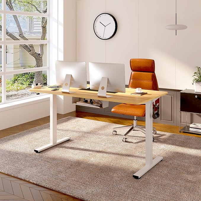 FLEXISPOT EN2 Whole-Piece Standing Desk with Clamp Power Strip, 55 x 28 Electric Stand Up Height Adjustable Desk with Cable Management (White Frame + 55" Maple Top, 2 Packages)
