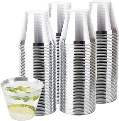 PLASTICPRO 9 oz Disposable Plastic Party Cups,Old fashioned Designed Tumblers, Crystal Clear (Clear With Silver Rim, 200)
