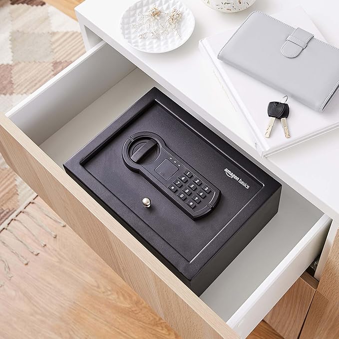 Amazon Basics Small Slim Desk Drawer Security Safe with Programmable Electronic Keypad, 0.1 Cubic Feet, Small Safe, Black, 11.8''W x 8.6''D x 4.4''H