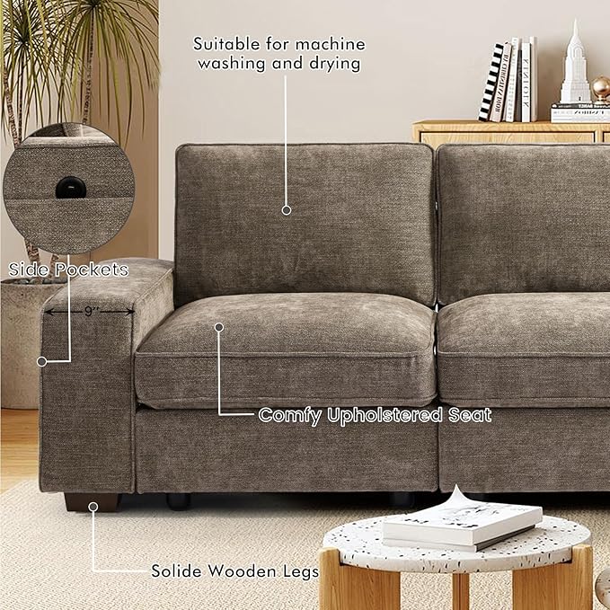 TEKAMON 100" Modular Sectional Sofa with Seats Storage, L Shaped Couch with Movable Ottoman, Chenille Fabric Couch for Living Room, Office, Apart W/Deep Seat, USB Charging,Removable Cover (Brown)