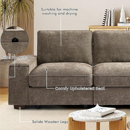 TEKAMON 100" Modular Sectional Sofa with Seats Storage, L Shaped Couch with Movable Ottoman, Chenille Fabric Couch for Living Room, Office, Apart W/Deep Seat, USB Charging,Removable Cover (Brown)