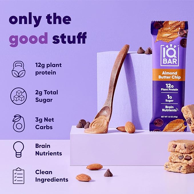 IQBAR Brain and Body Plant Protein Bars - Almond Butter Chip - 36-Count - Keto, Vegan, Low Carb, High Fiber, Gluten Free, Dairy Free, Low Sugar Snack with Nutrients for Focus, Energy, Meal Replacement