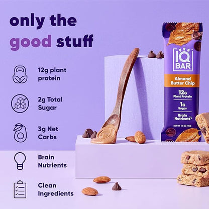 IQBAR Brain and Body Plant Protein Bars - Almond Butter Chip - 36-Count - Keto, Vegan, Low Carb, High Fiber, Gluten Free, Dairy Free, Low Sugar Snack with Nutrients for Focus, Energy, Meal Replacement