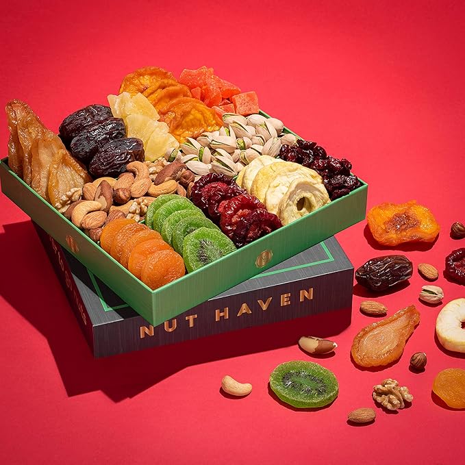Dried Fruit & Nuts Gift Basket - Fresh Dried Fruit & Nuts Gift Basket - Assorted Food Gift Box for Birthday, Family, Sympathy, Men & Women.