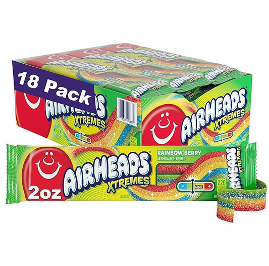 Airheads Xtremes Belts Holiday Candy, Chewy Candy Package, Christmas Stocking Stuffers for Adults & Kids, Rainbow Berry Fruit Flavor Artificially Flavored, 2 Ounces (18-Pack)