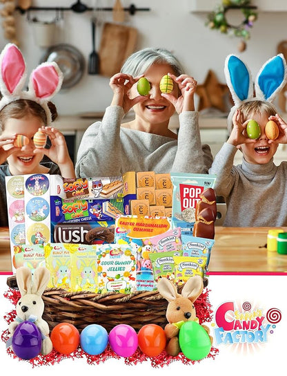 Easter Snack Brown Basket (50 Count) Filled with Treats, Candy, Peelable Gummies, Marshmallow Gummies, Bunny and More, Great Package for Family, Friends, Boys and Girls