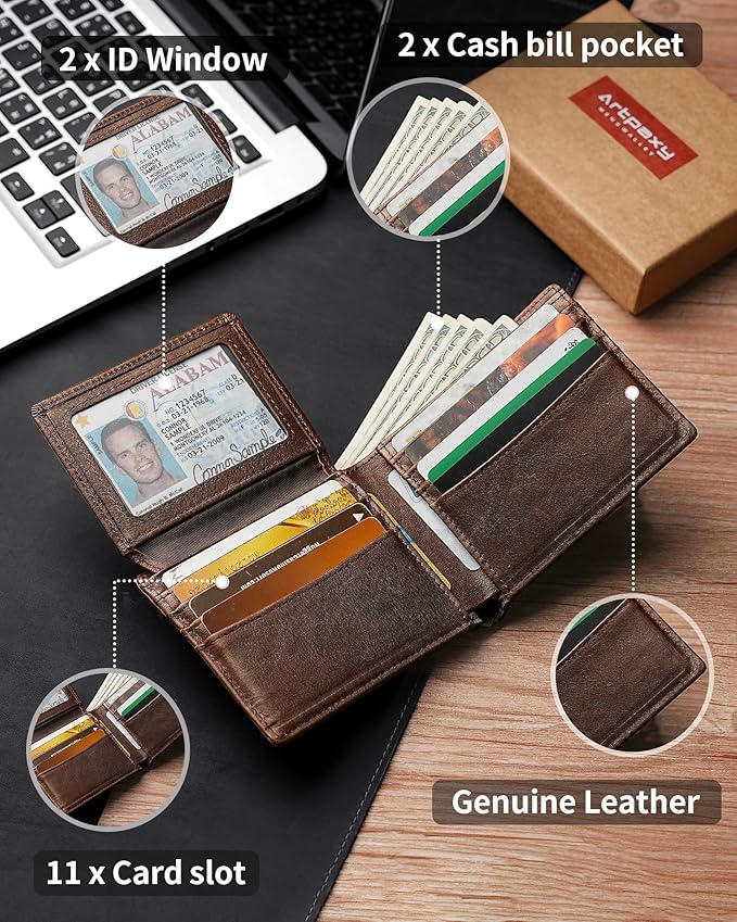 Mens Wallet Bifold Genuine Leather RFID Blocking Wallet for Men with 2 ID Windows 11 Card Holders 2 cash pockets 1 Gift Box