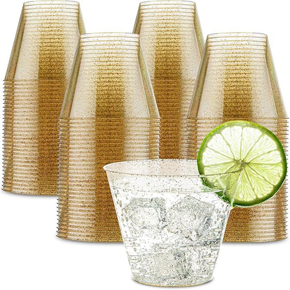 PLASTICPRO 9 oz Disposable Plastic Party Cups,Old fashioned Designed Tumblers, Gold Glitter 100 Count,