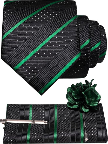 JEMYGINS Mens Striped Tie and Lapel Pin Necktie Pocket Square with Tie Clip Sets for Business Casual 4PCS