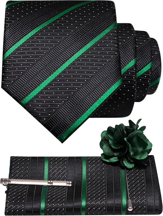 JEMYGINS Mens Striped Tie and Lapel Pin Necktie Pocket Square with Tie Clip Sets for Business Casual 4PCS