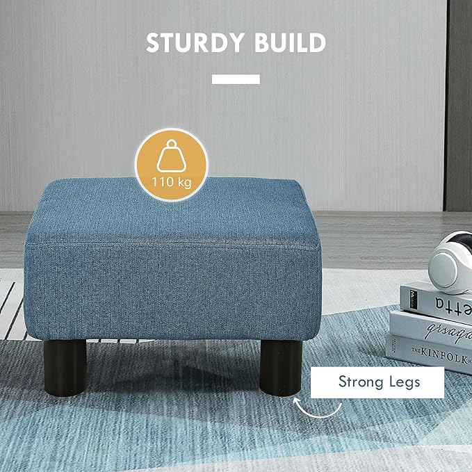 HOMCOM Ottoman Foot Rest, Small Foot Stool with Linen Fabric Upholstery and Plastic Legs, Cube Ottoman for Living Room, Blue