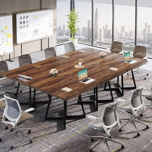 Tribesigns 31.5" Square Conference Table Set of 6, 8 ft Industrial Office Meeting Table for 8-10 People, Business Podcast Furniture with Metal Base for Small Spaces, Office Conference, Brown & Black