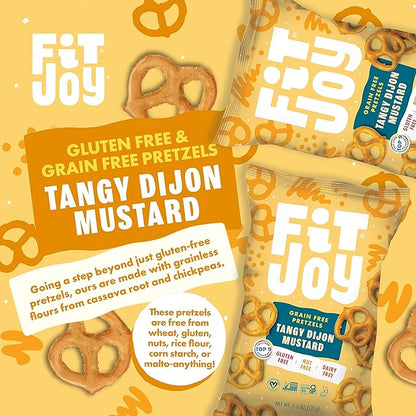 FitJoy Tangy Dijon Mustard Pretzels (Pack of 6, 4.5 Oz) - Dairy, Nut & Gluten Free Snacks - Grain Free Cassava Root & Chickpea Flour Vegan Pretzel Twists - Tangy Snack Pretzels for Children & More