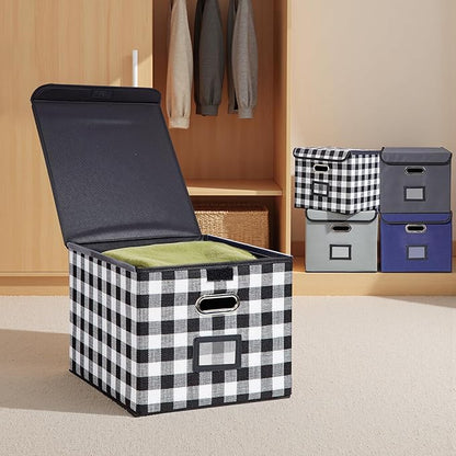 Collapsible File Box with Lid & Plastic Slide - Hanging Document Organizer for Office/Home, 14.96x12.6x10.83 Inch,Black and White Lattice, 2 Pack (No Folders Included)