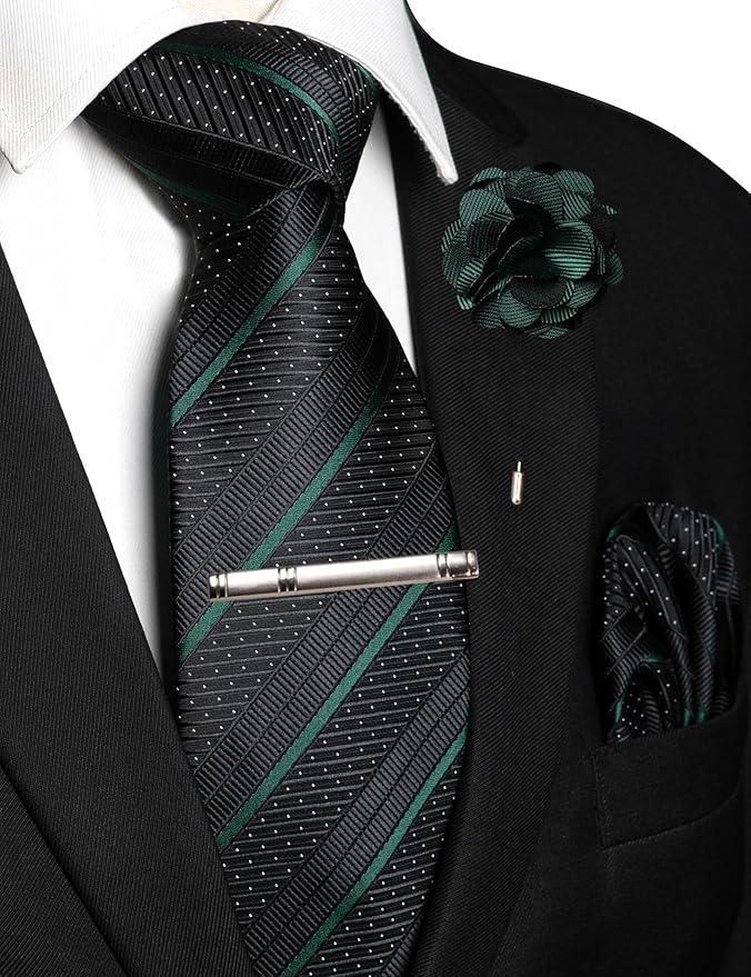 JEMYGINS Mens Striped Tie and Lapel Pin Necktie Pocket Square with Tie Clip Sets for Business Casual 4PCS