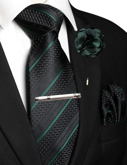JEMYGINS Mens Striped Tie and Lapel Pin Necktie Pocket Square with Tie Clip Sets for Business Casual 4PCS