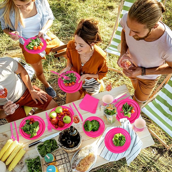 durony 350 Pieces Hot Pink Paper Dinnerware Set 7 Inch 9 Inch Disposable Dinner Plates Serve 50 Guests Paper Cup Cutlery Napkins Solid Color Party Supplies for Birthday Wedding Party Family Picnic