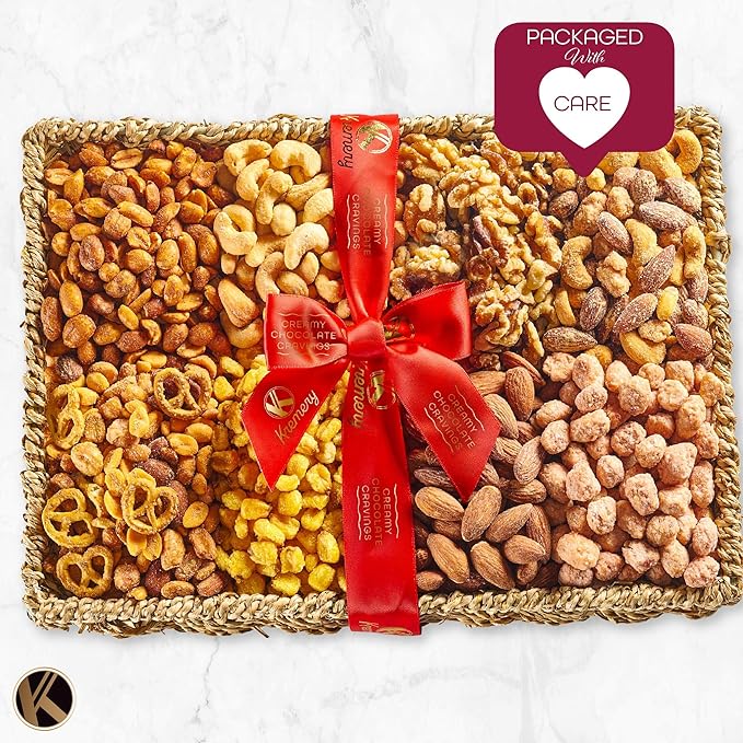 KREMERY Gourmet Nut Gift Basket - Thanksgiving Mixed Nuts Gift Basket in Seagrass Tray with Ribbon (8 Assortments) Holiday Xmas Christmas Healthy Snack Care Package, Food Assortments
