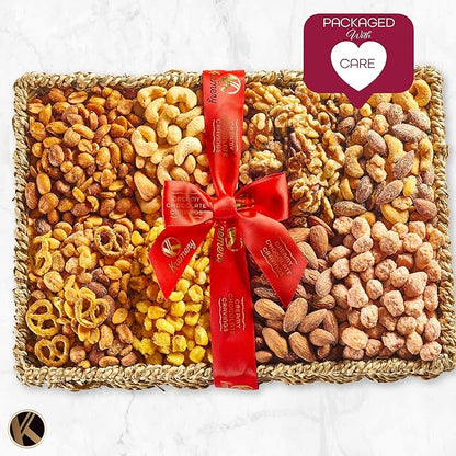 KREMERY Gourmet Nut Gift Basket - Thanksgiving Mixed Nuts Gift Basket in Seagrass Tray with Ribbon (8 Assortments) Holiday Xmas Christmas Healthy Snack Care Package, Food Assortments