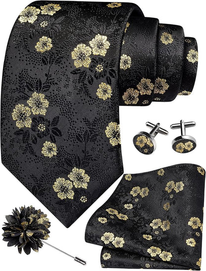 GUSLESON 3.15"（8cm） Mens Floral Tie and Lapel Pin Necktie Hankerchief Cufflinks Set for Men