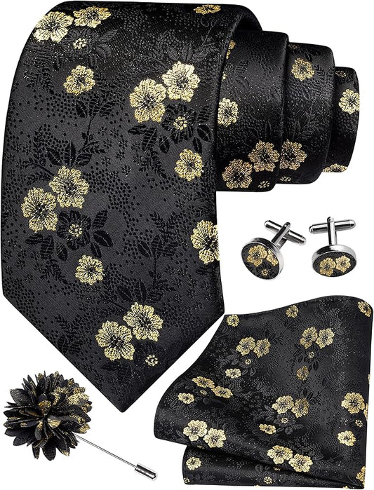 GUSLESON 3.15"（8cm） Mens Floral Tie and Lapel Pin Necktie Hankerchief Cufflinks Set for Men