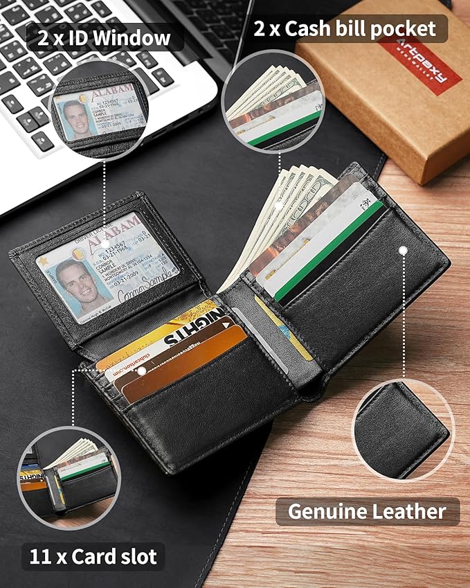 Mens Wallet Bifold Genuine Leather RFID Blocking Wallet for Men with 2 ID Windows 11 Card Holders 2 cash pockets 1 Gift Box