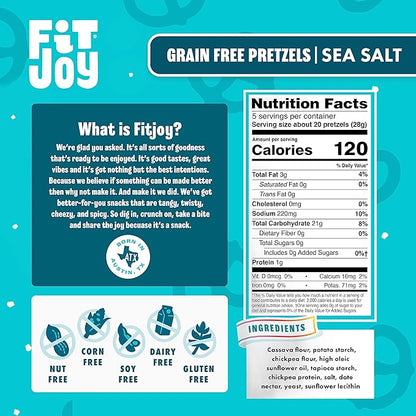 FitJoy Sea Salt Pretzels (Pack of 6, 5 Oz) - Dairy, Nut & Gluten Free Snacks - Grain Free Cassava Root & Chickpea Flour Vegan Pretzel Twists - Classic Snack Pretzels for Moms, Children and More