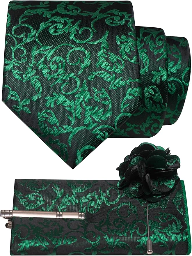 JEMYGINS Mens Floral Tie and Lapel Pin Necktie Pocket Square and Tie Clip with Sets for Business Casual 4PCS