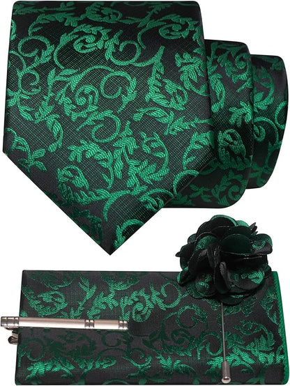 JEMYGINS Mens Floral Tie and Lapel Pin Necktie Pocket Square and Tie Clip with Sets for Business Casual 4PCS