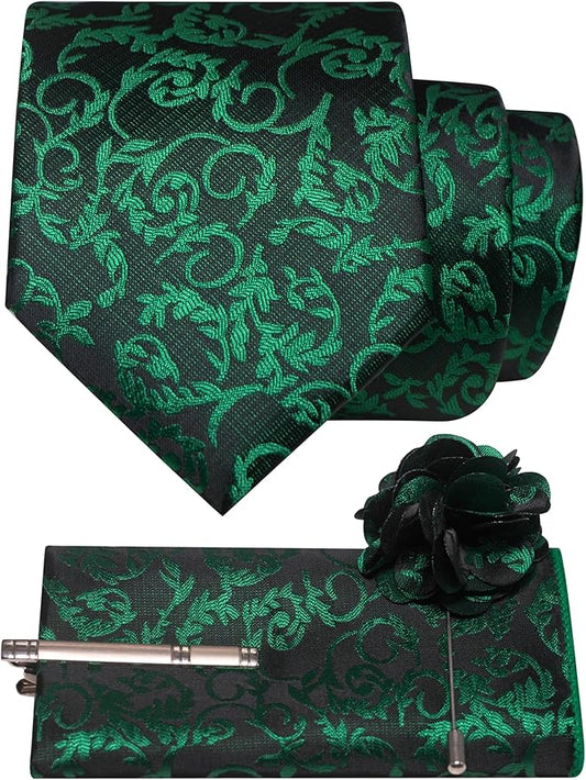 JEMYGINS Mens Floral Tie and Lapel Pin Necktie Pocket Square and Tie Clip with Sets for Business Casual 4PCS