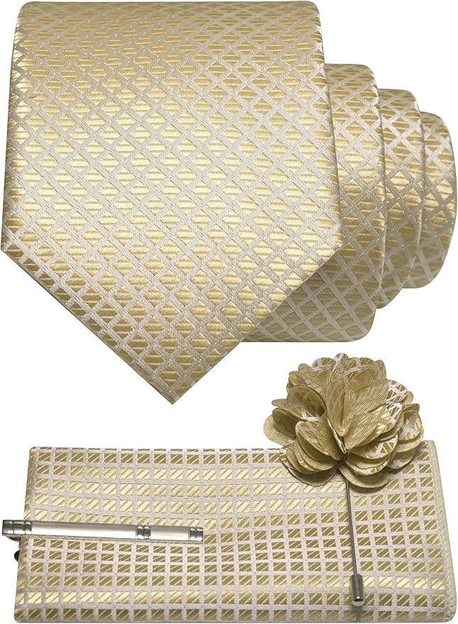 JEMYGINS Mens Solid Color Plaid Tie and Lapel Pin Necktie Pocket Square and Tie Clip with Sets for Business Casual 4PCS
