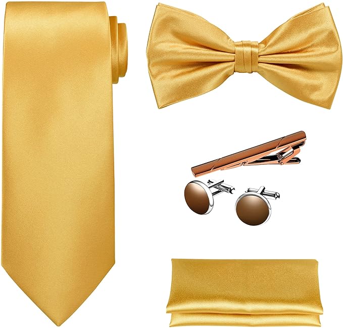 TIE G 5pcs Tie Set in WHITE OR BLACK GIFT BOX: Solid Color Necktie, Satin Bow Tie, Pocket Square, Lapel, Cuff Links