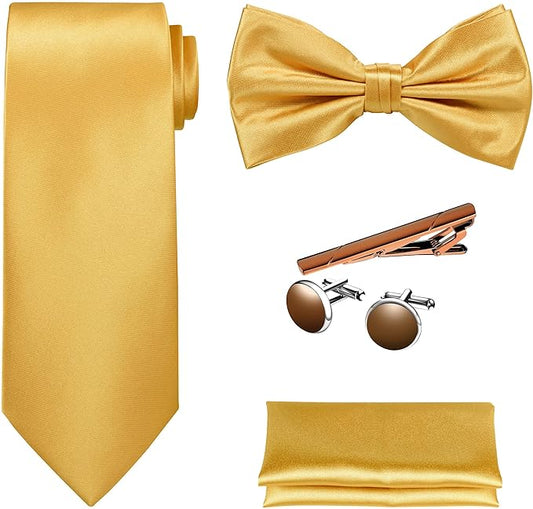 TIE G 5pcs Tie Set in WHITE OR BLACK GIFT BOX: Solid Color Necktie, Satin Bow Tie, Pocket Square, Lapel, Cuff Links