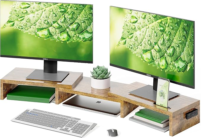 BONTEC Dual Monitor Stand for Desk, Adjustable Length and Angle Monitor Stand Riser with Smartphone Holder, Desk Shelf for Top of Desk, Computer Monitor Stand with Storage, Office Desk Organizer, Rustic Brown