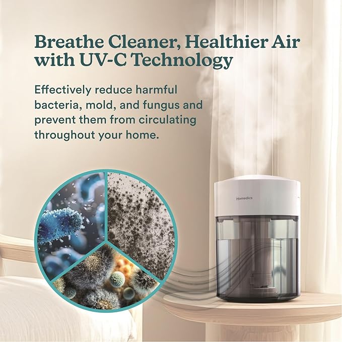 HoMedics Humidifiers for Bedroom, Home, Nursery, Office and Plants. Total Comfort UV-C Ultrasonic Humidifier, Leak Resistant Design, 0.97 Gallon Tank, 35 Hour Run Time, Quiet, Cool Mist, Night Light