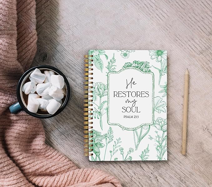 Christian Notebook for Women, Christian Art Gifts Journal, Prayer Journal for Women, Bible Journaling Notebook, PSALM 23:3 He Restores My Soul Floral Spiral Notebook 5.5x8.3