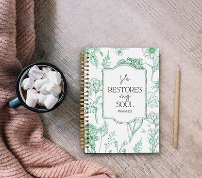 Christian Notebook for Women, Christian Art Gifts Journal, Prayer Journal for Women, Bible Journaling Notebook, PSALM 23:3 He Restores My Soul Floral Spiral Notebook 5.5x8.3