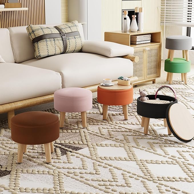 Poofzy Small Ottoman with Storage, Small Foot Stool Ottoman with Wood Legs, Velvet Foot Rest for Couch, Living Room and Bedroom - Pink