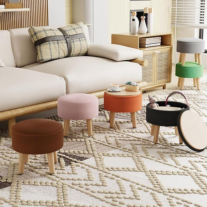 Poofzy Small Ottoman with Storage, Small Foot Stool Ottoman with Wood Legs, Velvet Foot Rest for Couch, Living Room and Bedroom - Pink