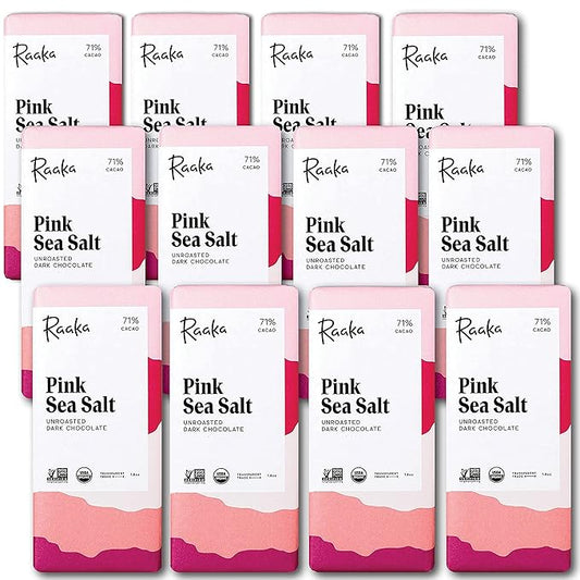 Raaka Pink Sea Salt Organic Dark Chocolate - 71% Cacao - Gourmet Dark Chocolate - Organic, Vegan, Gluten Free, Kosher | 1.8oz Bars, 12-Pack