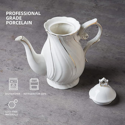 tea pot ceramic with lid, 38.8 Oz for Tea, Milk, Coffee, Flower tea(White with gold thread)