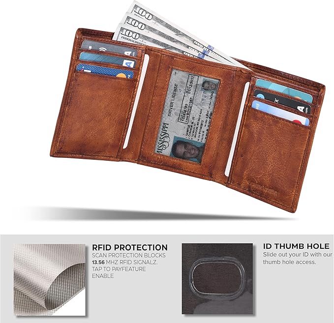 Tri fold Leather Wallet for Men with RFID | Slim Wallets for Men with 1 ID and 6 Credit card slots | Front Pocket Minimalist