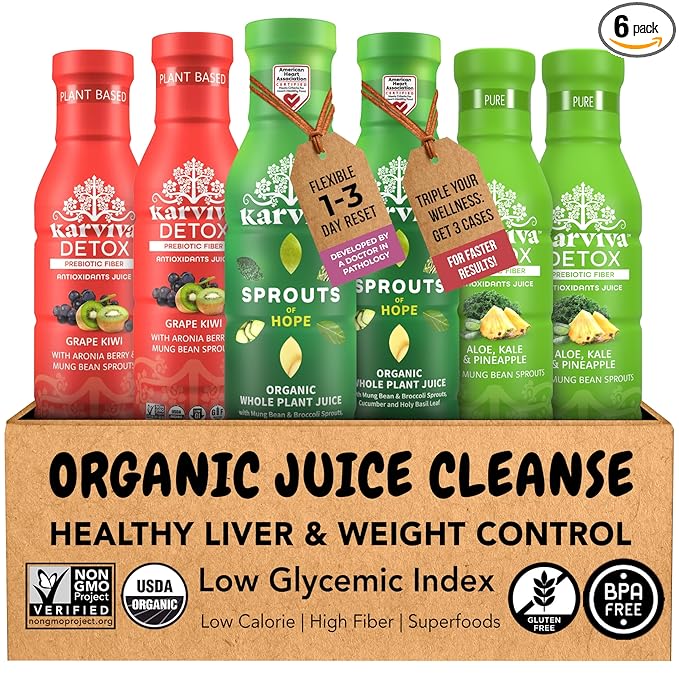 Karviva Organic Juice Cleanse for Sugar Detox & Weight Control - Ancient Eastern Remedies for Healthy Digestion & Gentle Detox with Sprouts, Aloe Vera - Prebiotic Fiber, Electrolytes & Antioxidants (6 BPA-Free Bottles, 12 fl oz Each)