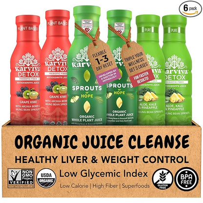 Karviva Organic Juice Cleanse for Sugar Detox & Weight Control - Ancient Eastern Remedies for Healthy Digestion & Gentle Detox with Sprouts, Aloe Vera - Prebiotic Fiber, Electrolytes & Antioxidants (6 BPA-Free Bottles, 12 fl oz Each)