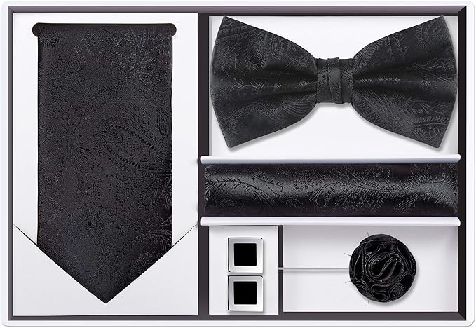 TIE G 5pcs Tie Set in WHITE OR BLACK GIFT BOX: Solid Color Necktie, Satin Bow Tie, Pocket Square, Lapel, Cuff Links