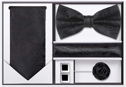 TIE G 5pcs Tie Set in WHITE OR BLACK GIFT BOX: Solid Color Necktie, Satin Bow Tie, Pocket Square, Lapel, Cuff Links