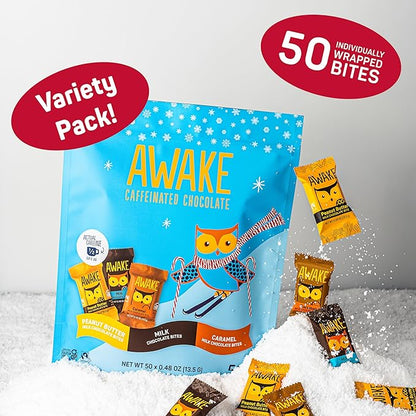 AWAKE - Caffeinated Chocolate Bites - 50mg Caffeine per bite - Winter Wake Up Variety Pack (3 Flavors), 50 Bites - Peanut Butter, Milk, & Caramel - Energy Bites - Coffee Alternative - Fairtrade, Gluten Free, Non GMO - 0.48oz each