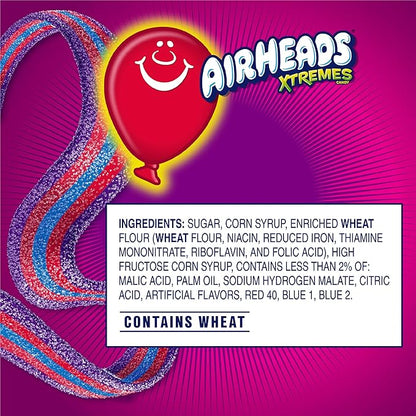 Airheads Xtremes Belts Holiday Sweetly Sour Candy, Very Berry, Christmas Stocking Stuffers for Adults & Kids, Non-Melting, Candy for Christmas Bulk Party Bag, 2 oz (Pack of 18)