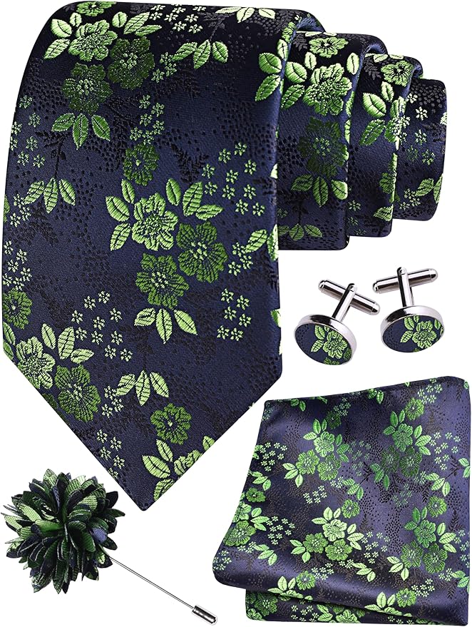GUSLESON 3.15"（8cm） Mens Floral Tie and Lapel Pin Necktie Hankerchief Cufflinks Set for Men